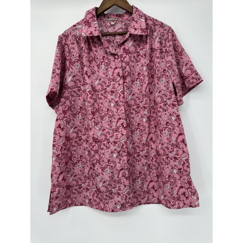 Woman‎ Within Plus 18 20 Pink Floral Button-Up Shirt Short Sleeve Career